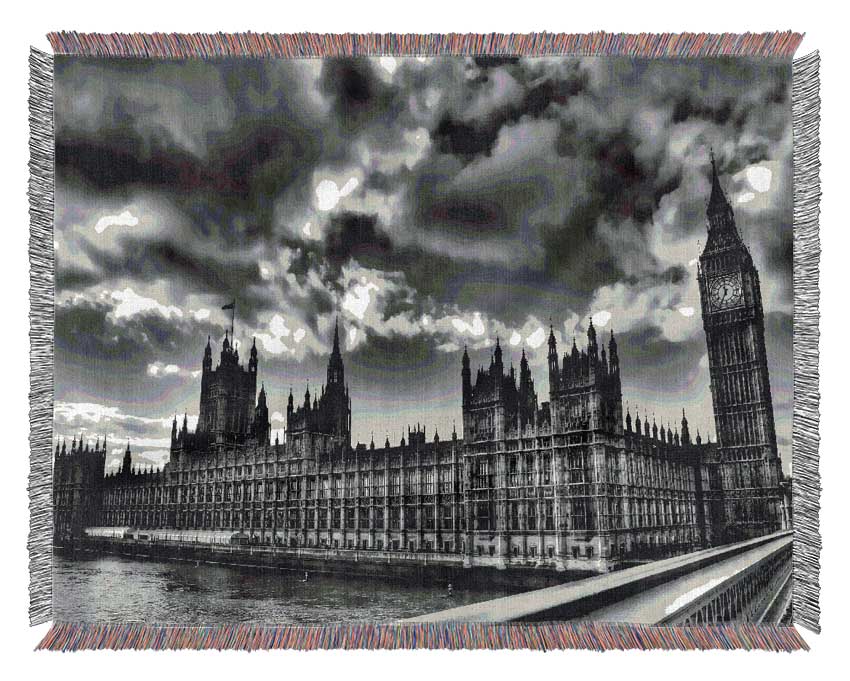 London Houses Of Parliament B n W Storm Clouds Woven Blanket