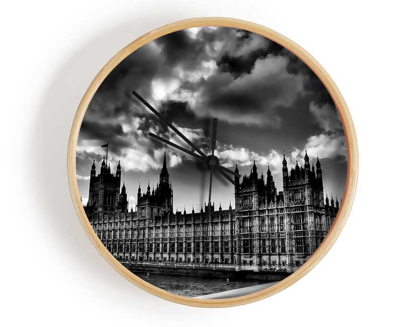 London Houses Of Parliament B n W Storm Clouds Clock - Wallart-Direct UK