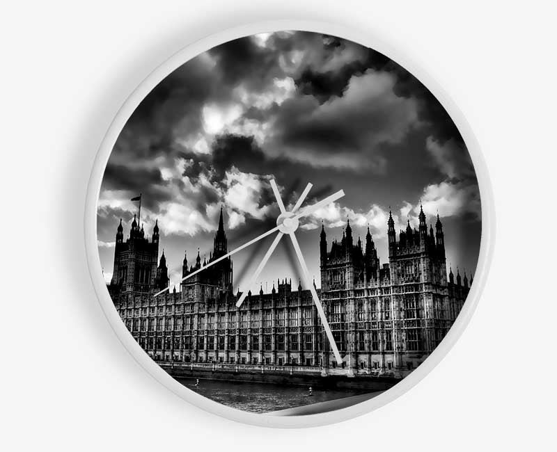 London Houses Of Parliament B n W Storm Clouds Clock - Wallart-Direct UK