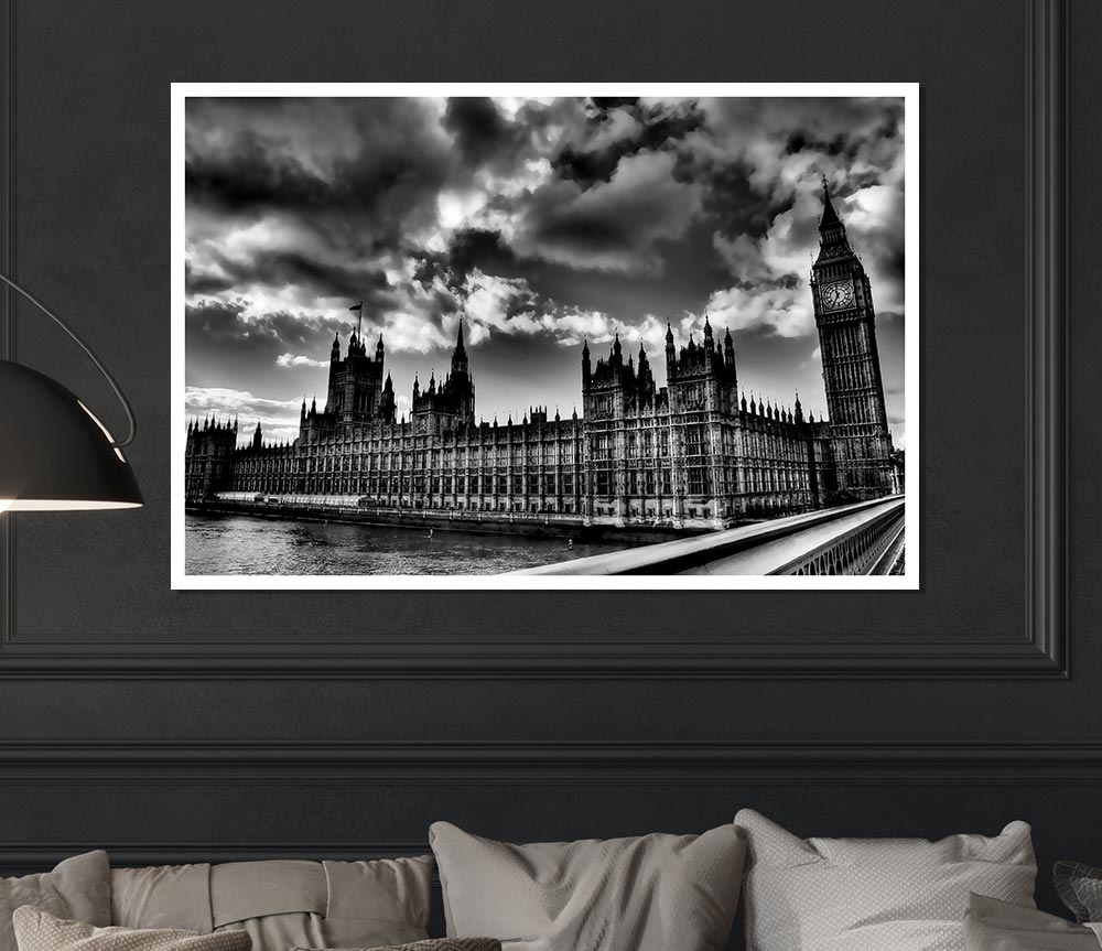 London Houses Of Parliament B N W Storm Clouds Print Poster Wall Art