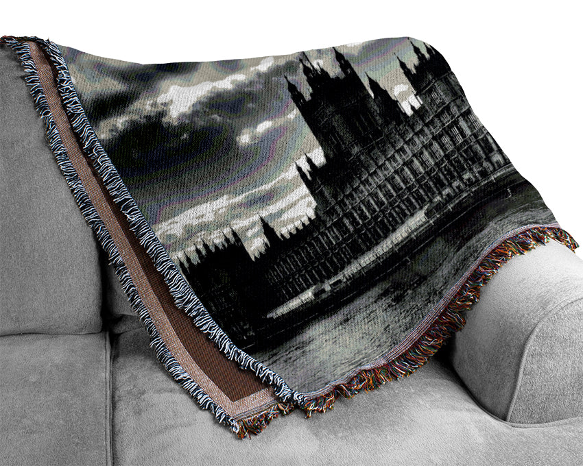 London Houses Of Parliament B n W Storm Clouds Woven Blanket