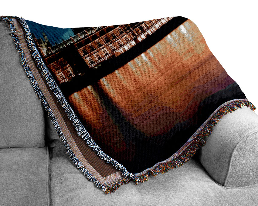 London Houses Of Parliament Night Reflections Woven Blanket