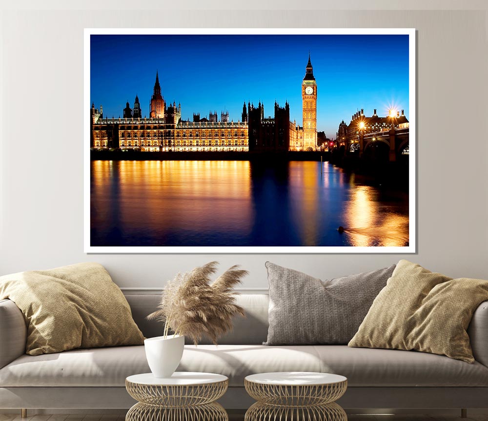 London Houses Of Parliament Night Reflections Print Poster Wall Art