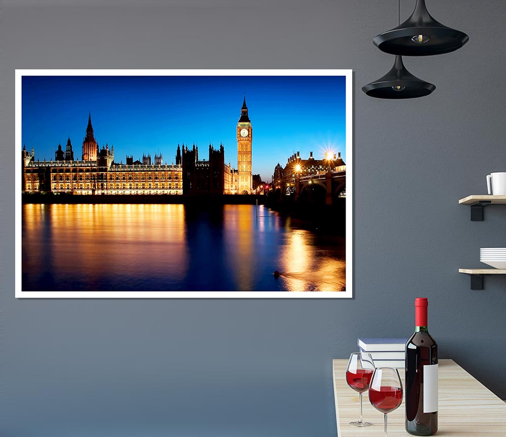 London Houses Of Parliament Night Reflections Print Poster Wall Art