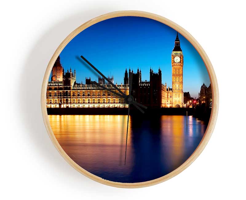 London Houses Of Parliament Night Reflections Clock - Wallart-Direct UK