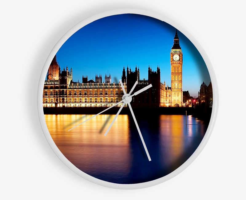 London Houses Of Parliament Night Reflections Clock - Wallart-Direct UK