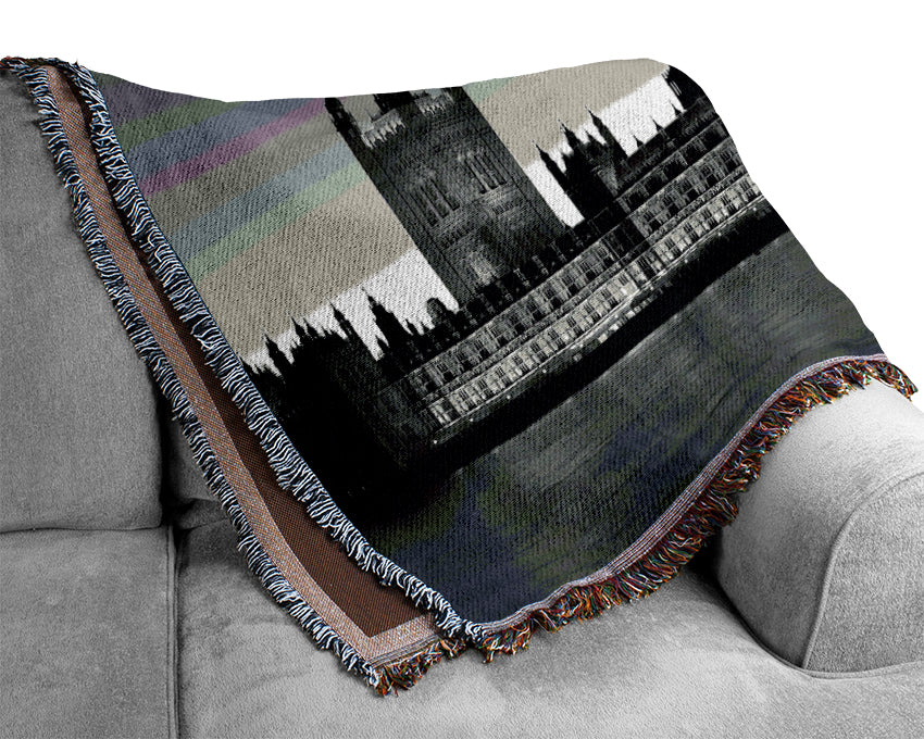 London Houses Of Parliament On The Thames B n W Woven Blanket