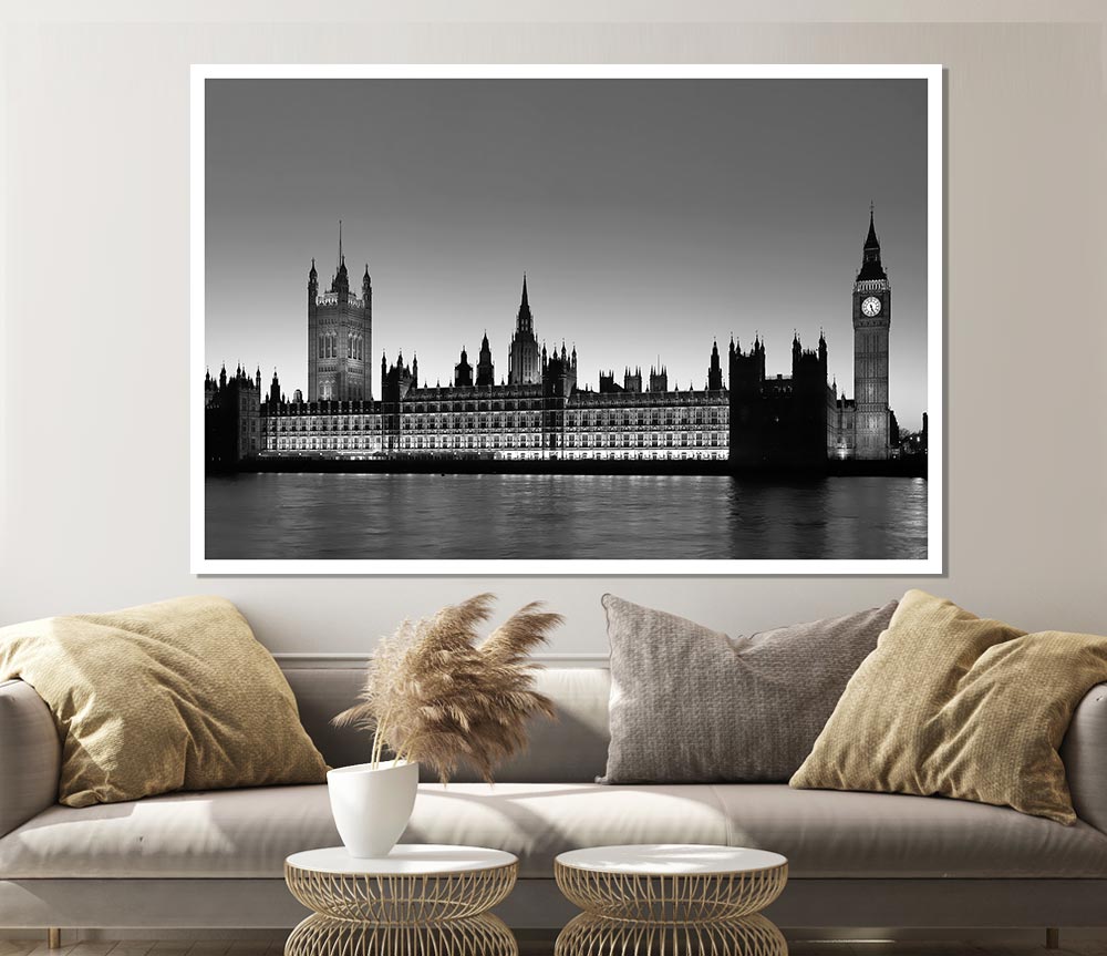 London Houses Of Parliament On The Thames B N W Print Poster Wall Art