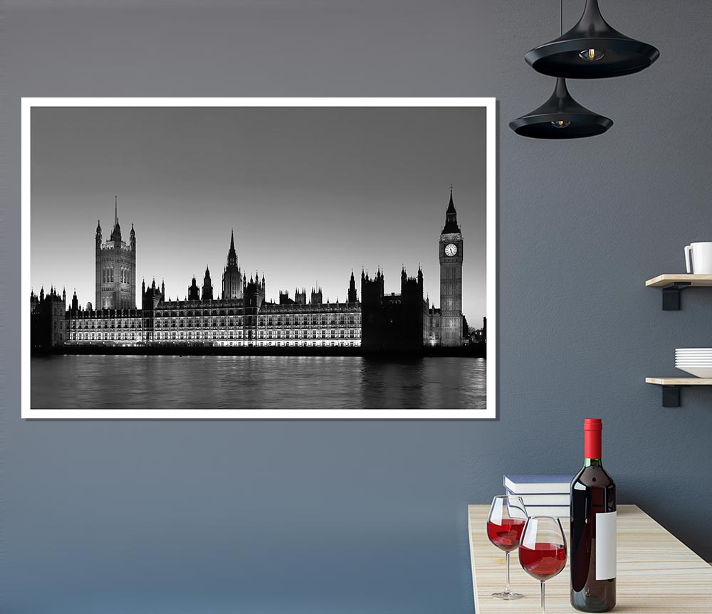 London Houses Of Parliament On The Thames B N W Print Poster Wall Art