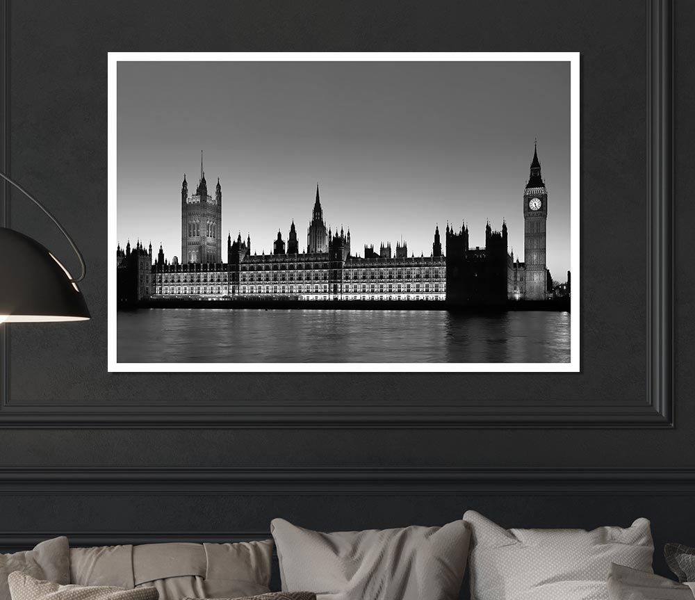 London Houses Of Parliament On The Thames B N W Print Poster Wall Art