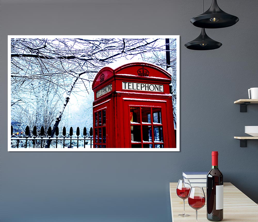 London Telephone Box In The Snow Print Poster Wall Art