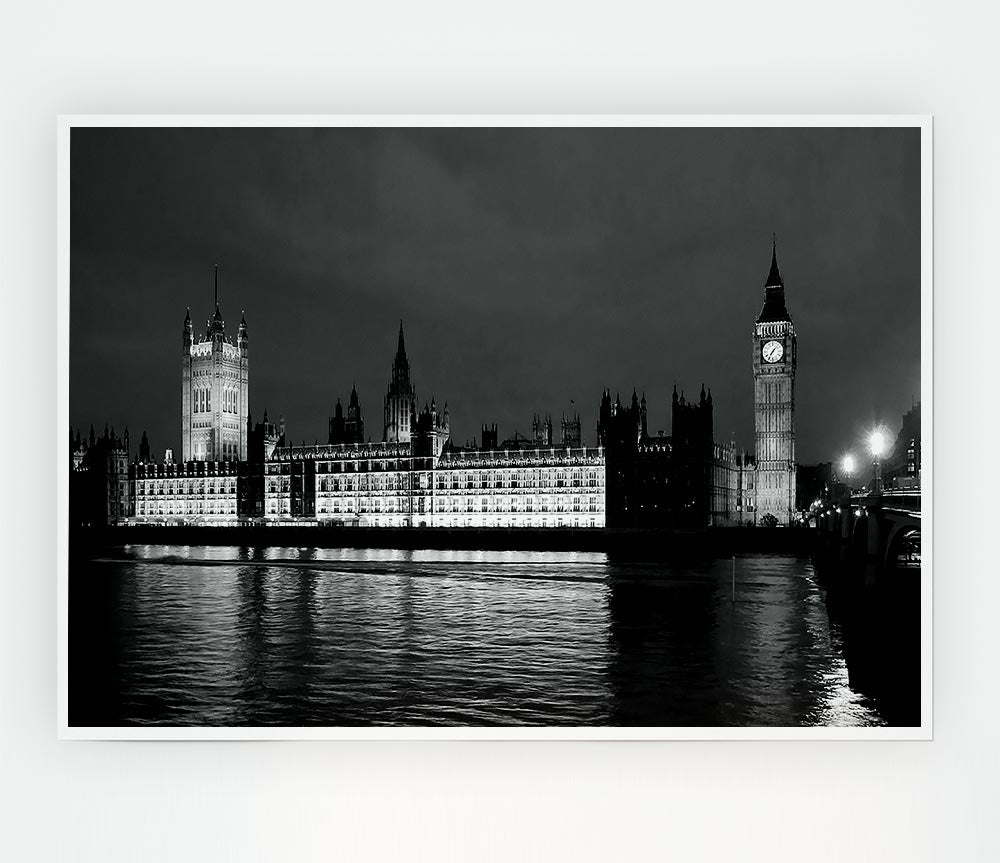 London Thames Houses Of Parliament B N W Night Print Poster Wall Art