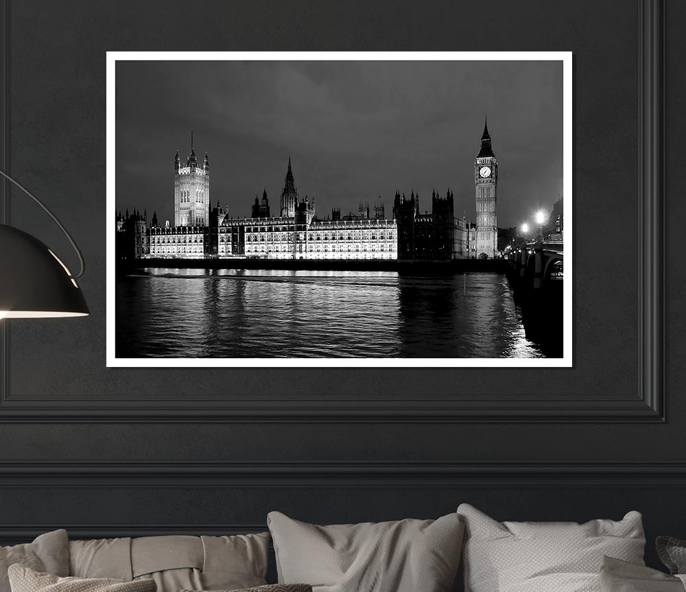 London Thames Houses Of Parliament B N W Night Print Poster Wall Art