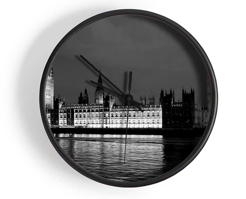 London Thames Houses Of Parliament B n W Night Clock - Wallart-Direct UK