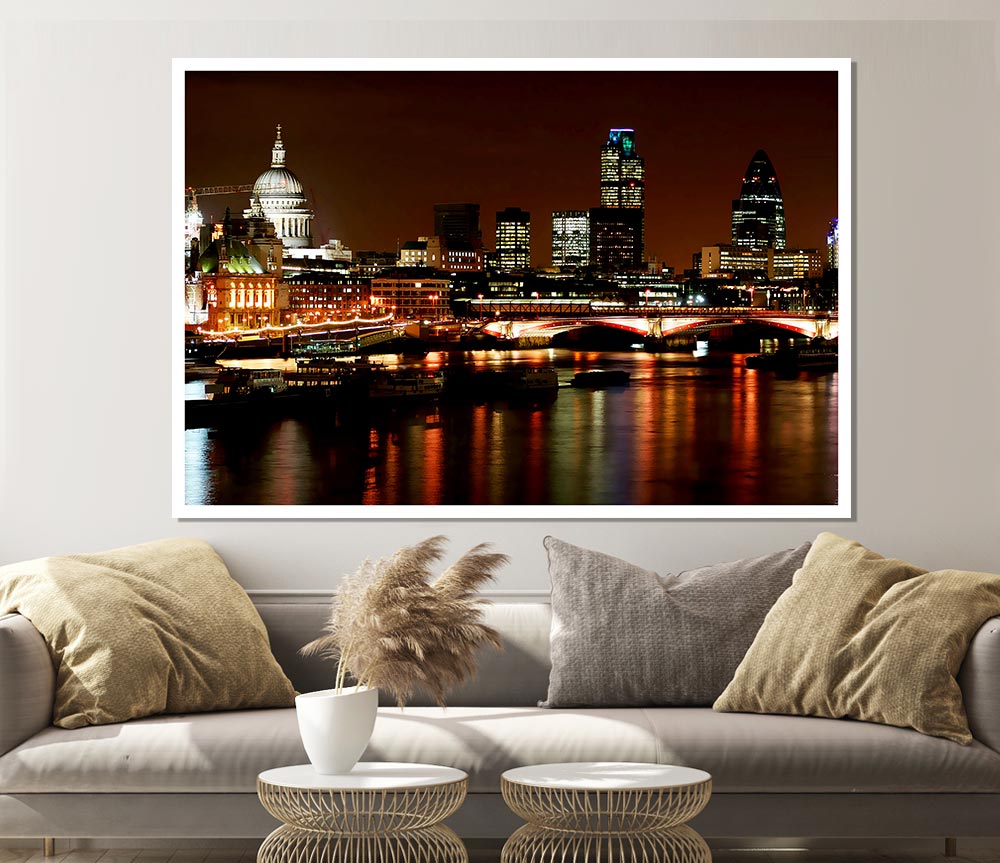 London Thames Night Lights Print Poster Wall Art