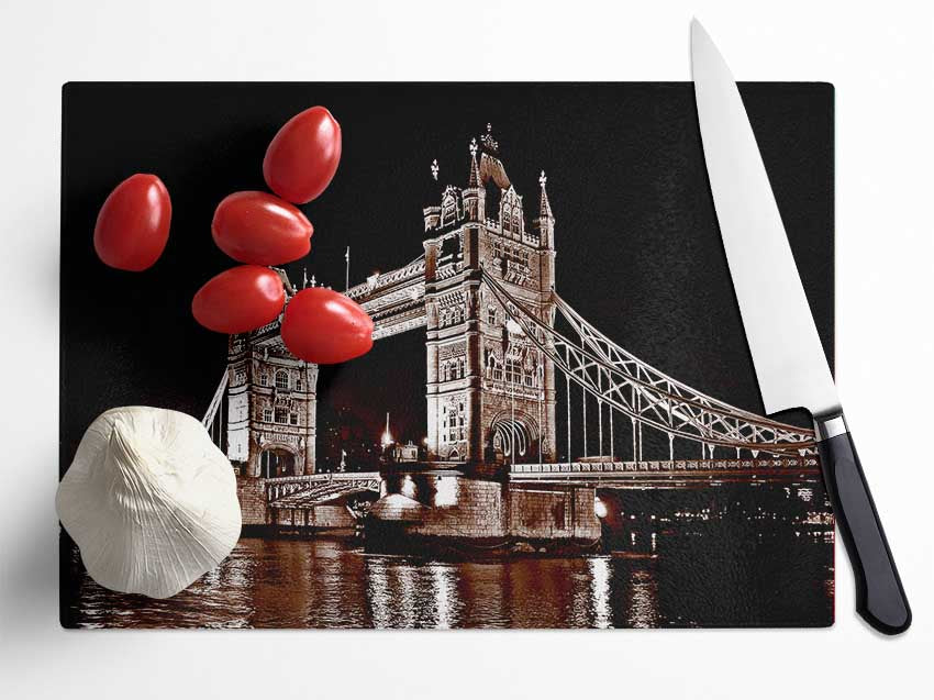 London Tower Bridge Retro Sepia Glass Chopping Board