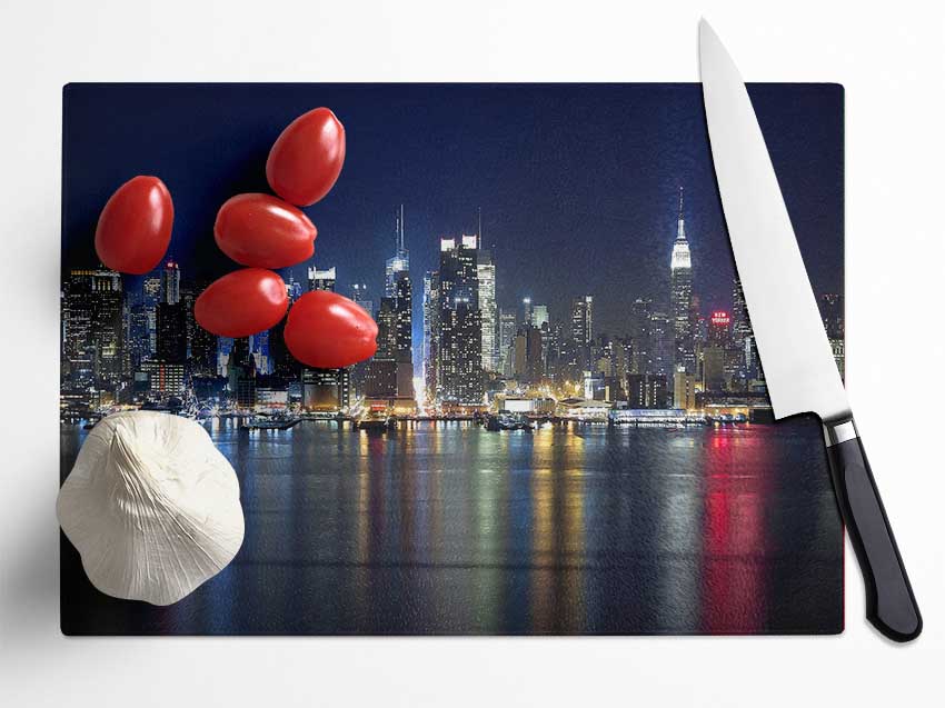 Manhattan Panorama At Night Glass Chopping Board