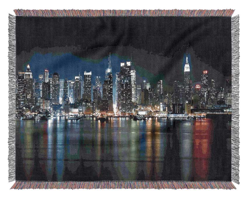 Manhattan Panorama At Night Woven Blanket