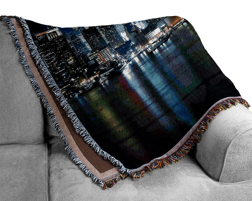 Manhattan Panorama At Night Woven Blanket