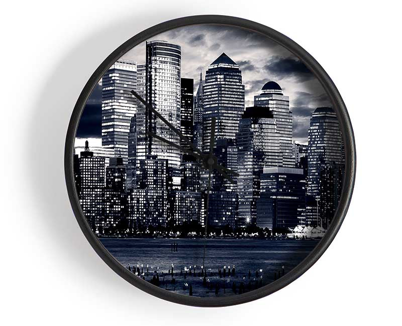 Manhattan Panorama In Blue Clock - Wallart-Direct UK