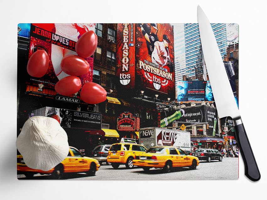 New York Yellow Cabs On Broadway By Day Glass Chopping Board