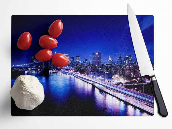 New York City Brooklyn Bridge Ariel Night View Glass Chopping Board