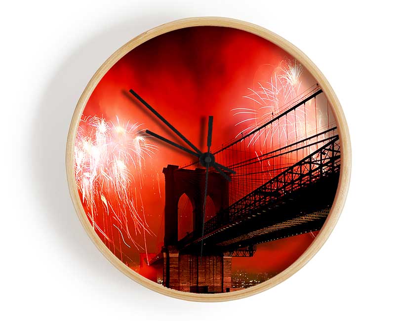 New York City Brooklyn Bridge Fireworks Red Clock - Wallart-Direct UK