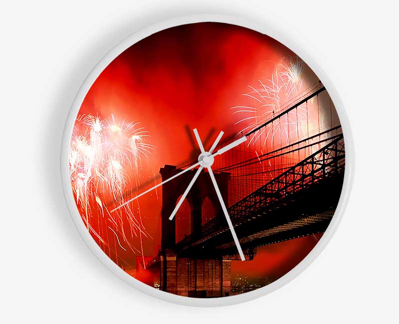 New York City Brooklyn Bridge Fireworks Red Clock - Wallart-Direct UK