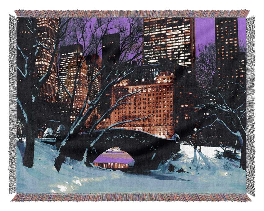 New York City Central Park Night Snow Woven Blanket