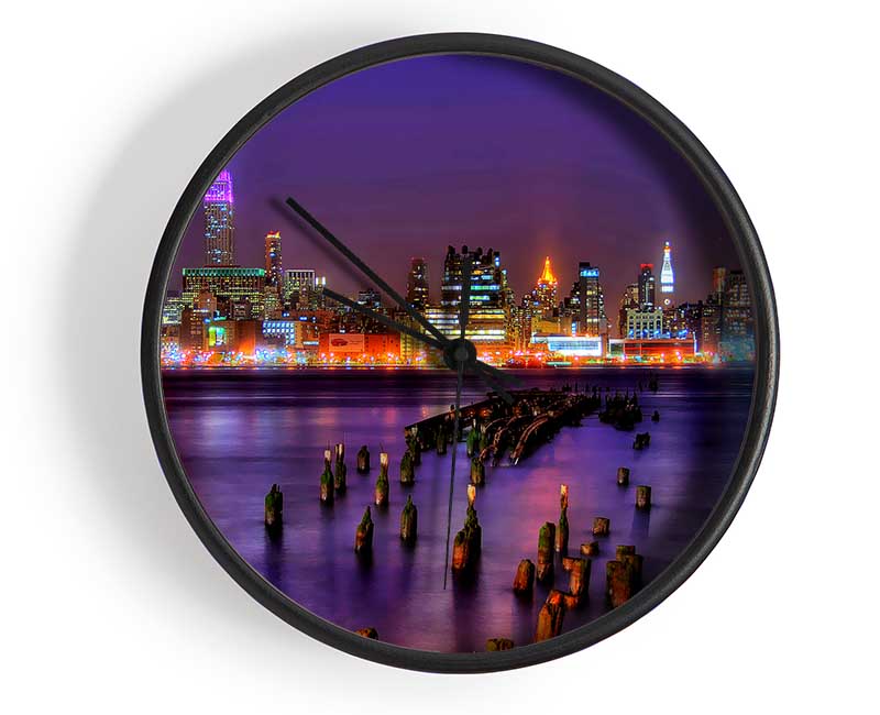 New York City Purple Sky Reflections Clock - Wallart-Direct UK