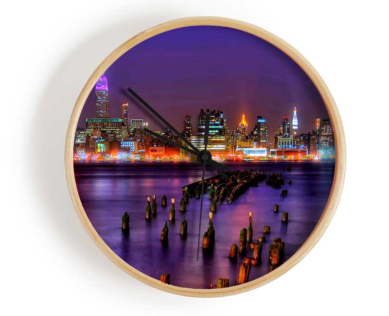 New York City Purple Sky Reflections Clock - Wallart-Direct UK