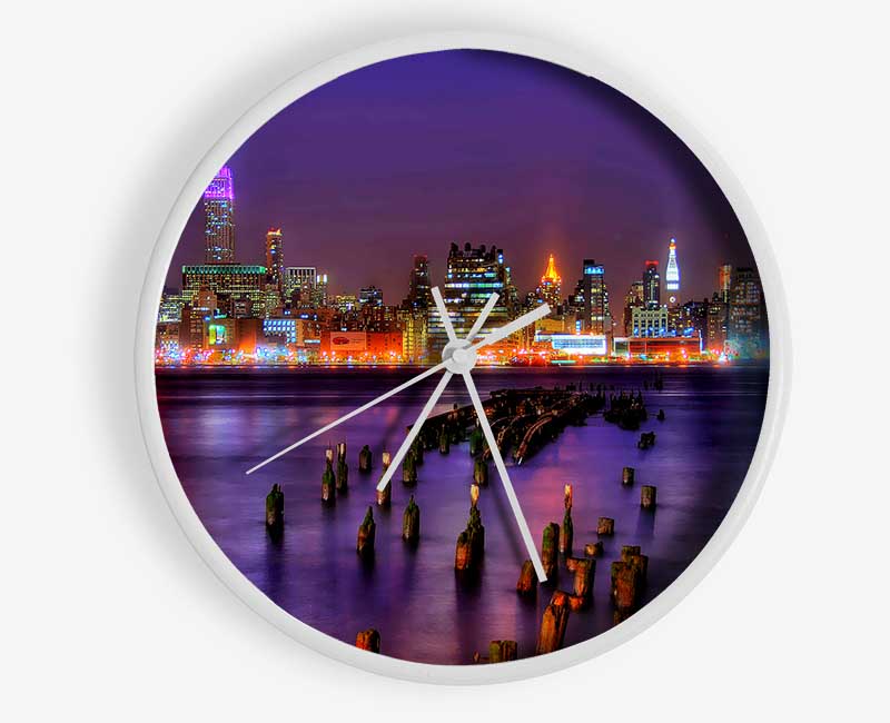 New York City Purple Sky Reflections Clock - Wallart-Direct UK