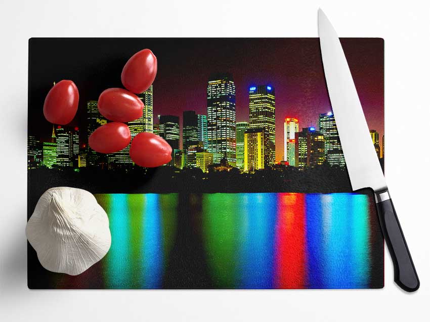 New York City Reflections At Night Glass Chopping Board