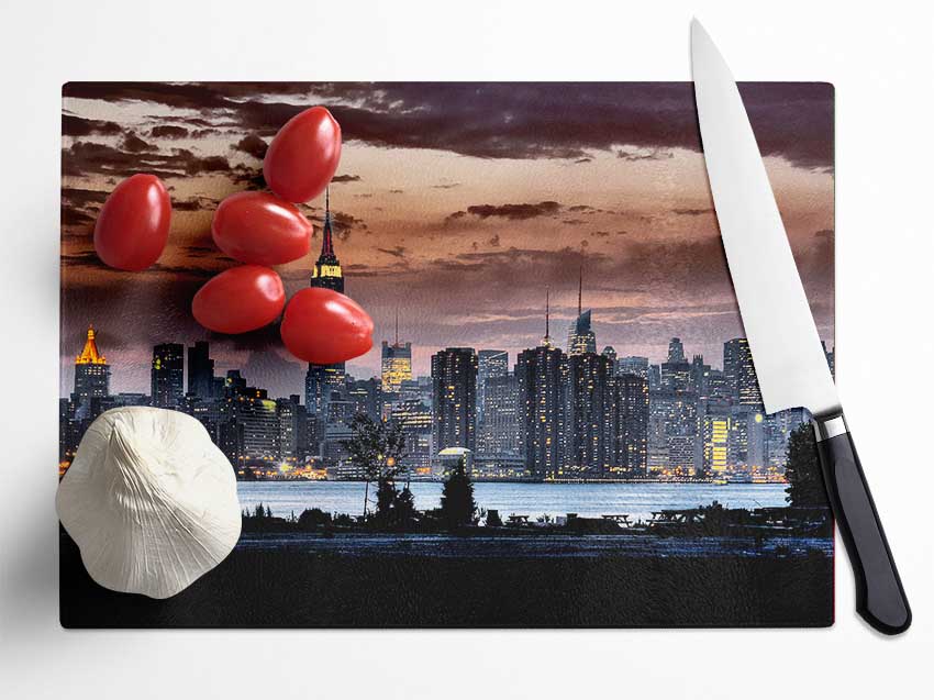 New York City Waters Below The Clouds Glass Chopping Board