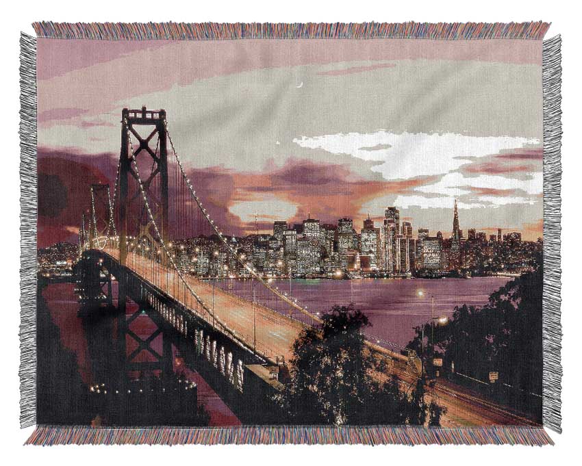 New York Harbour Brooklyn Bridge Purple Woven Blanket