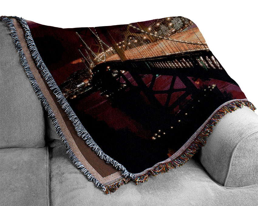 New York Harbour Brooklyn Bridge Purple Woven Blanket