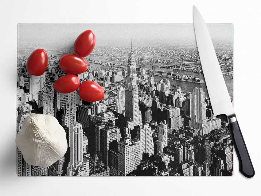 New York Retro B n W Glass Chopping Board