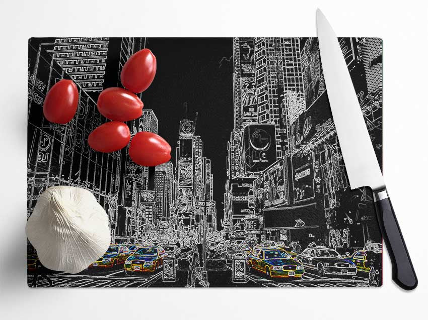 New York Street Taxi Psychedelic Glass Chopping Board