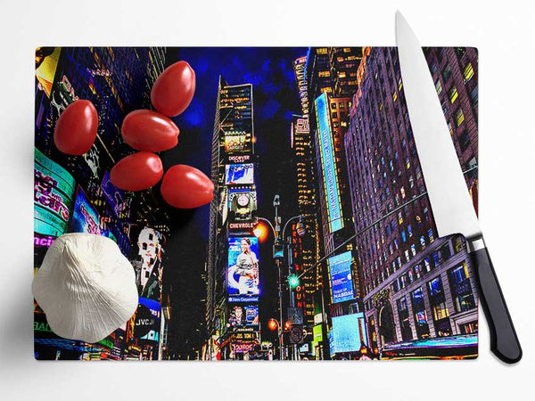 New York Times Square Blue Skys At Night Glass Chopping Board