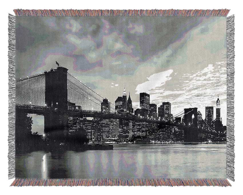 NYC Brooklyn Bridge B n W Cloudy Night Woven Blanket