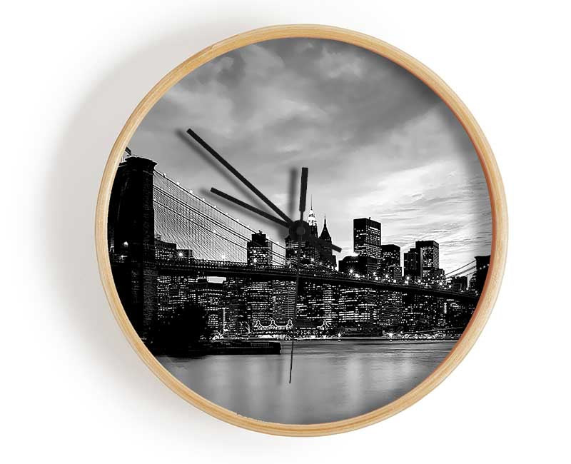 NYC Brooklyn Bridge B n W Cloudy Night Clock - Wallart-Direct UK