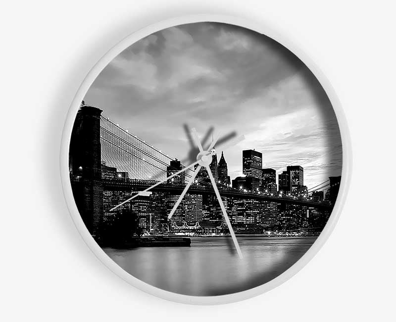 NYC Brooklyn Bridge B n W Cloudy Night Clock - Wallart-Direct UK