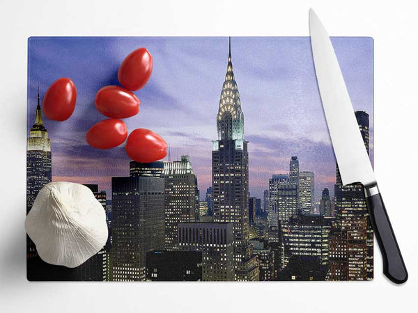 NYC Empire State Building Lilac Sky Glass Chopping Board