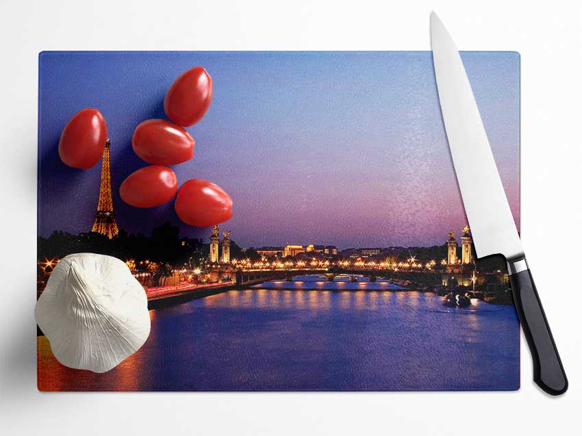 Paris Seine River At Night Glass Chopping Board