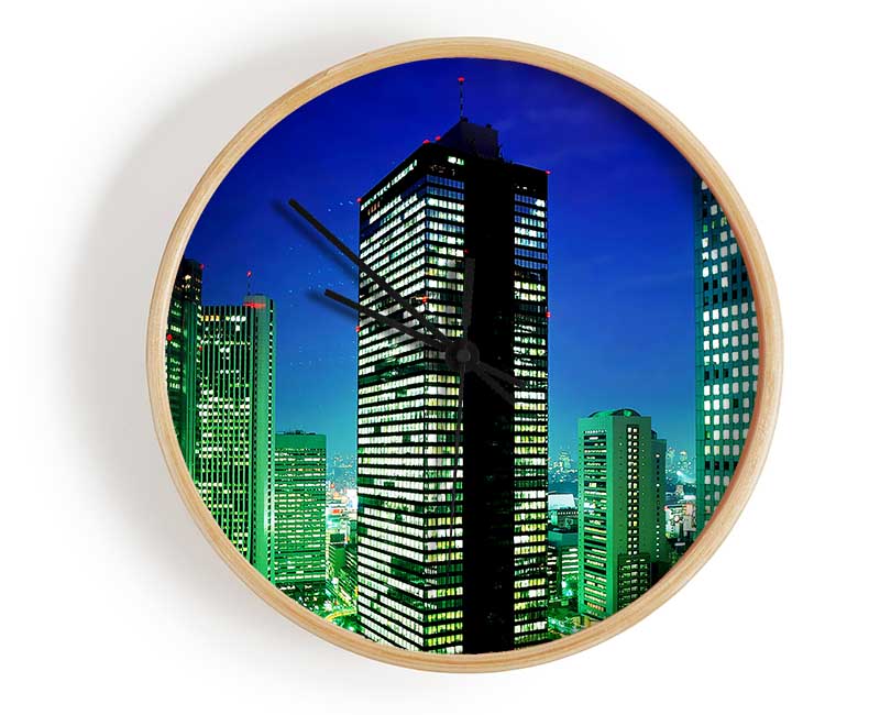 Skyscrapers Green Hue Clock - Wallart-Direct UK