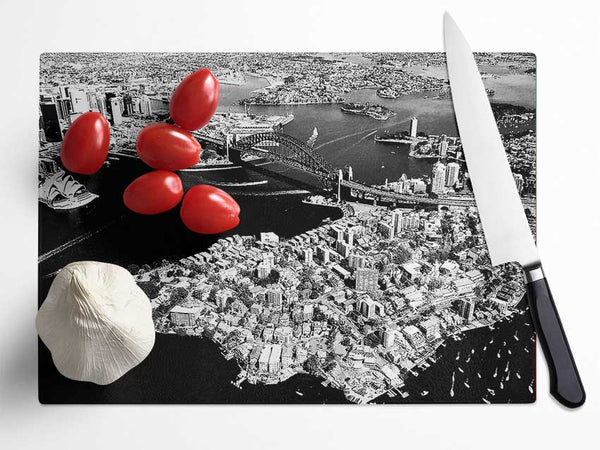 Sydney Harbour Bridge Ariel View B n W Glass Chopping Board