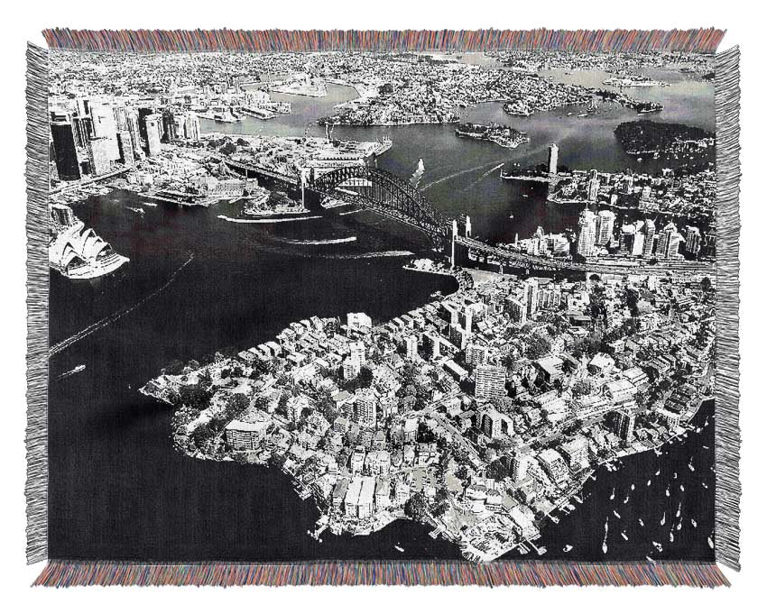 Sydney Harbour Bridge Ariel View B n W Woven Blanket