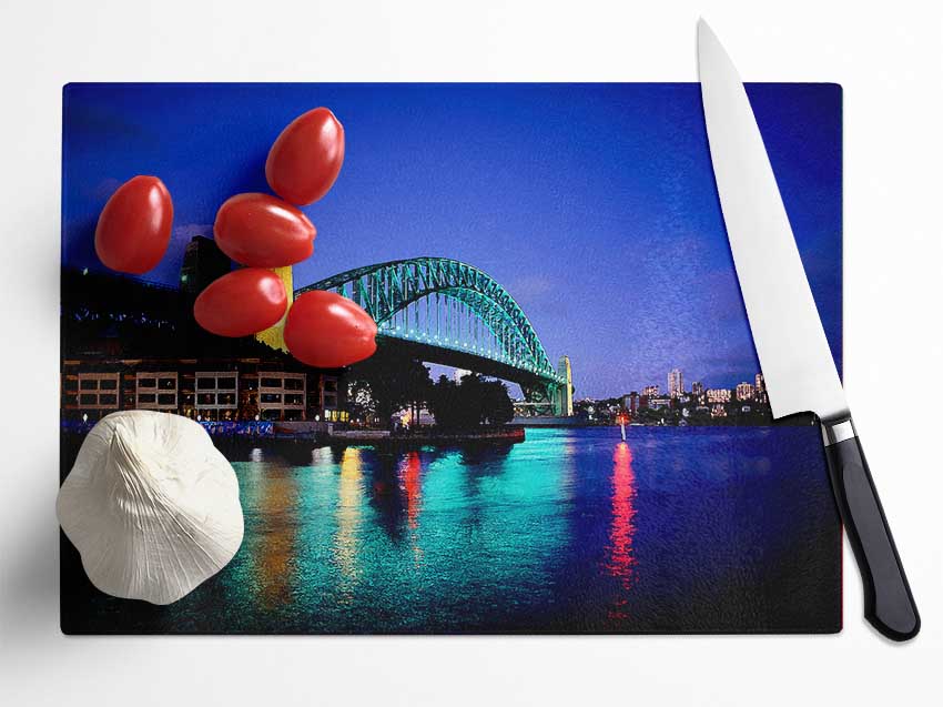 Sydney Harbour Bridge Blue Glow Glass Chopping Board