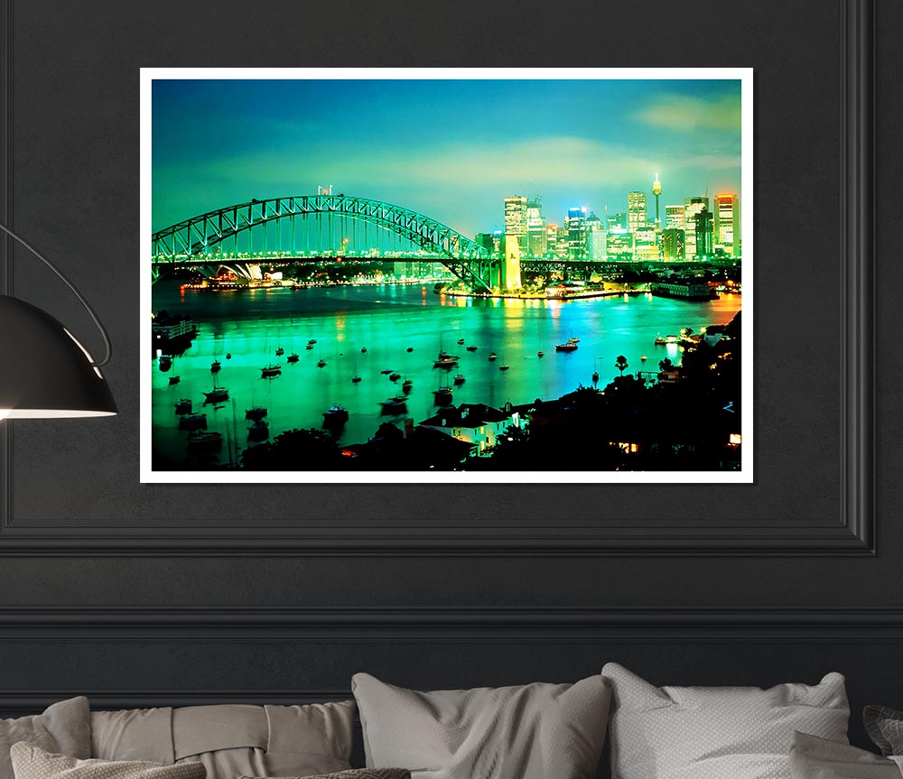 Sydney Harbour Bridge Green Glow Print Poster Wall Art