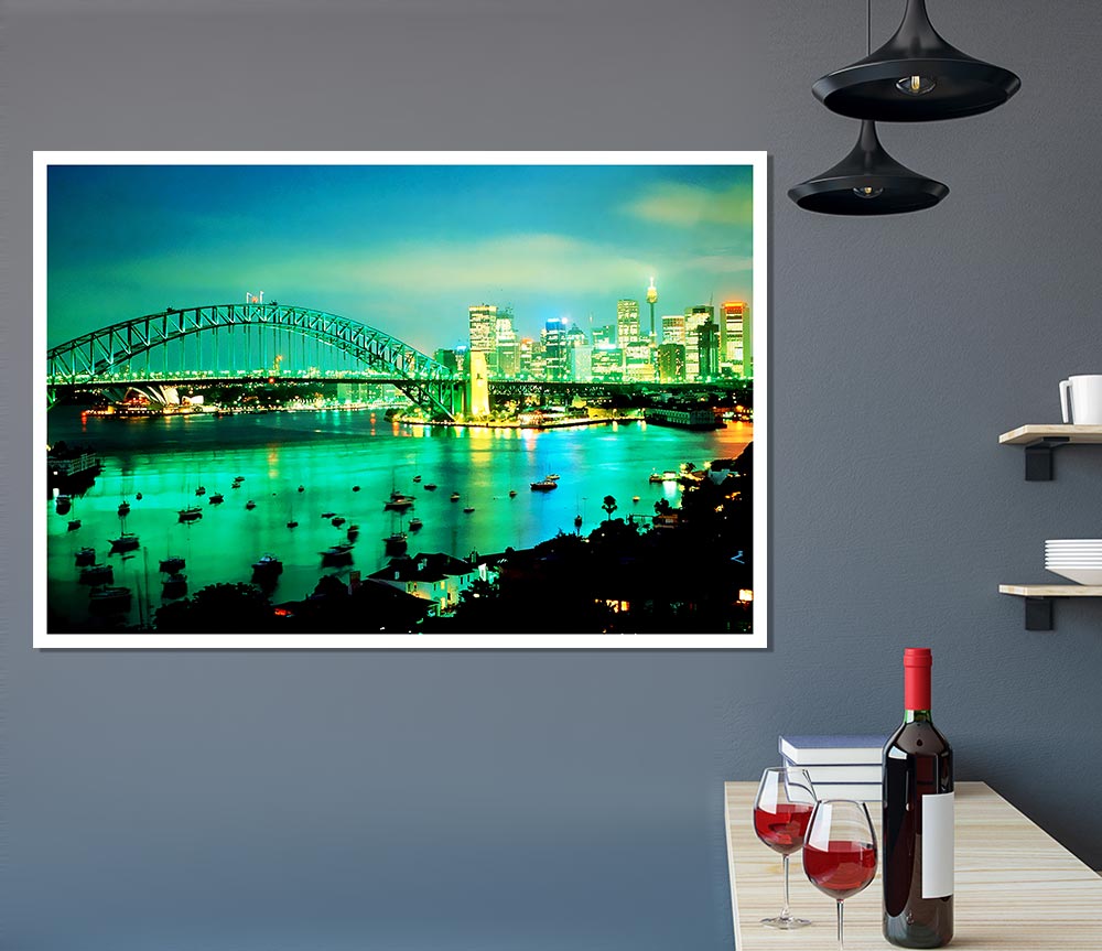 Sydney Harbour Bridge Green Glow Print Poster Wall Art